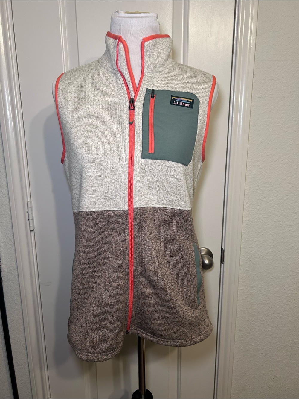 L.L. Bean Heathered Fleece Colorblock Vest with Coral Trim NWT